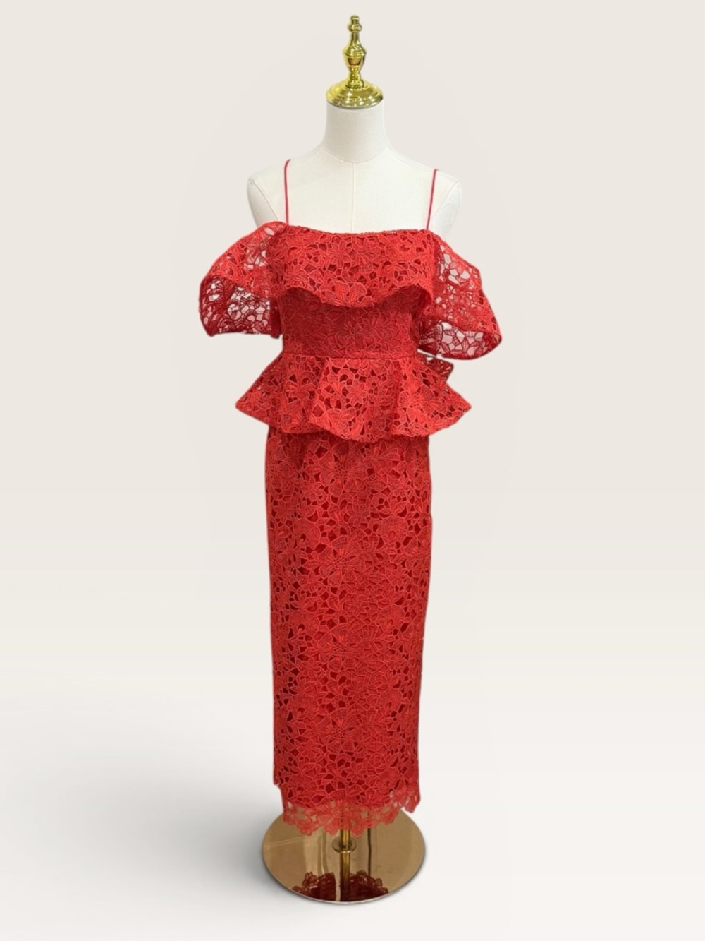 Muse by Marchesa Amaryllis Red Lace Peplum Midi Cocktail Dress Off Shoulder NWT - Picture 2 of 15
